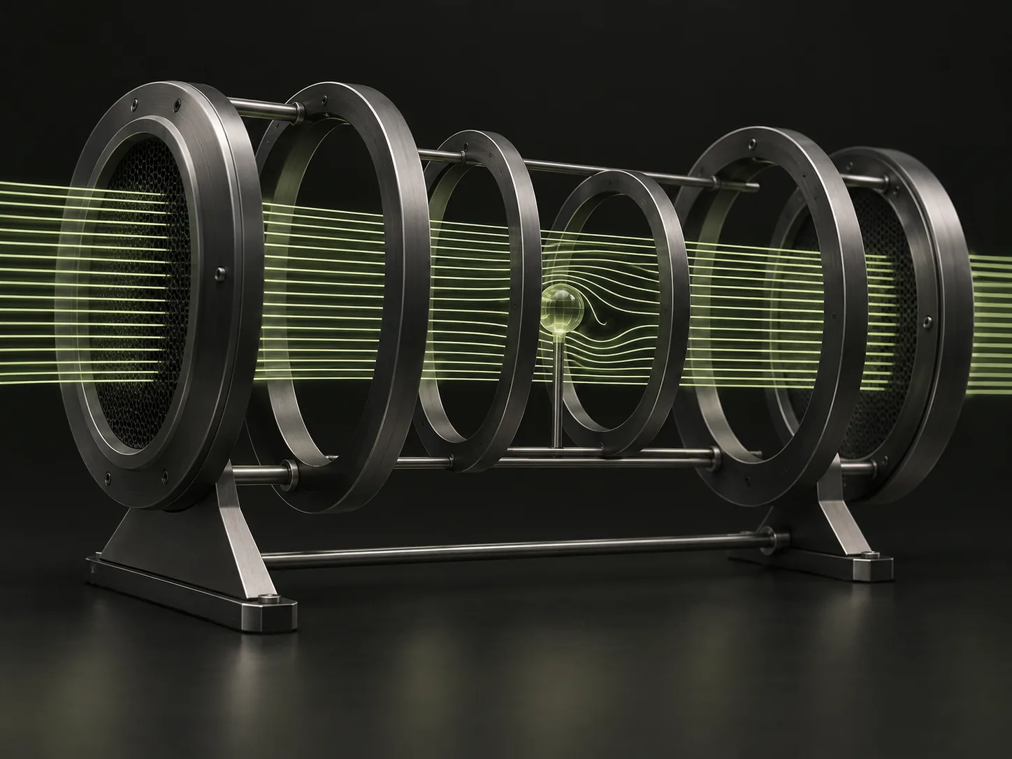 Concept artwork: lime streamlines passing through a graphite wind tunnel, bending around a disruption.